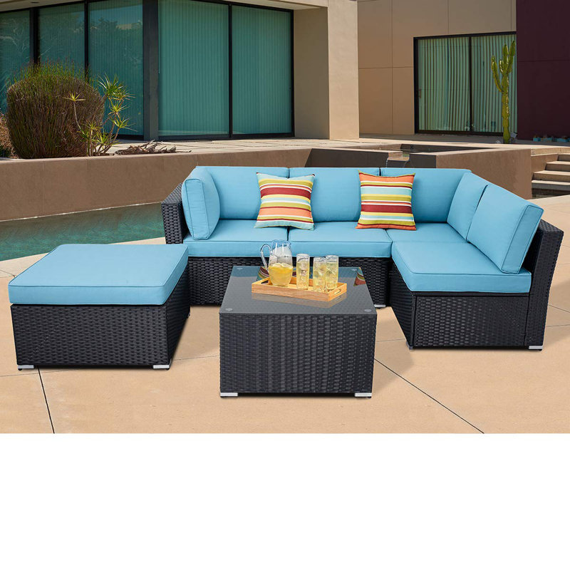 Winston Porter Rook Outdoor Black Wicker Patio Sectional with Cushions